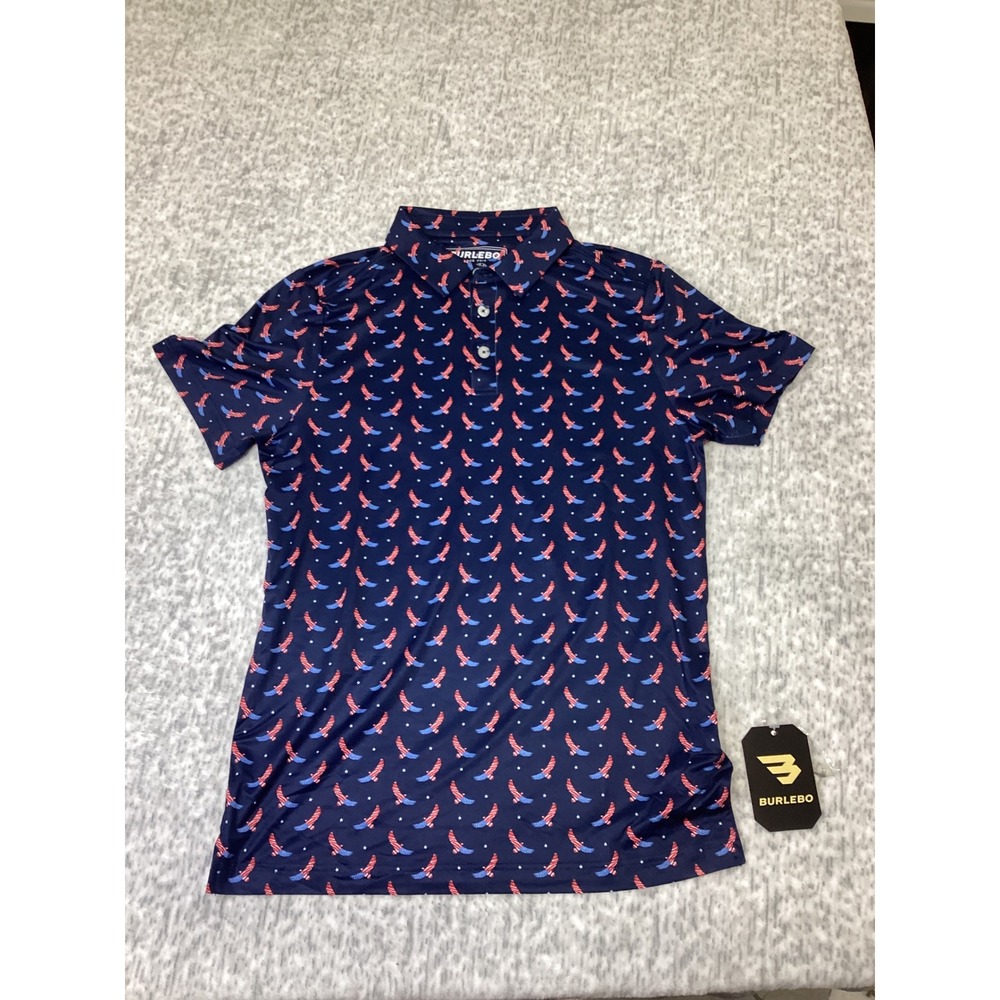 Burlebo Mens Patriotic Eagle American Flag Performance Polo Shirt Navy Blue M